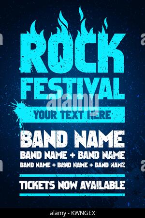 vector illustration blue rock festival and party flyer design template with text, flames and cool splash effects in the background Stock Vector