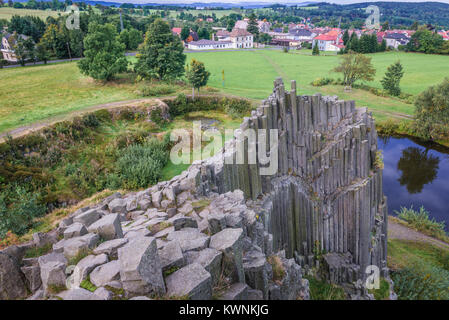 Aerial view from columnar jointed basalt rock formation called Panska Skala (The Lord's Rock) or Pipe Organ in Kamenicky Senov town in Czech Republic Stock Photo