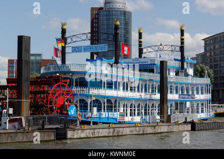 HAMBURG, GERMANY - 18 JULY 2015: A Paddle steamer Louisiana Star ferry. It's a passenger ship that is based on an American sternwheeler and used for h Stock Photo