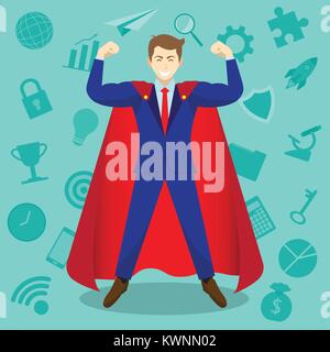 Business Concept As A Muscular Businessman Is Wearing Red Cloak In Front Of Business Icons. It Means Strengthening Self Performance For Work. Stock Vector