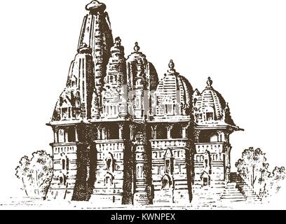 landmark of Indian architecture, Traditional religious hindu Temple. engraved hand drawn in old sketch, vintage style. Mumbai, Bangalore, Ahmedabad. Stock Vector