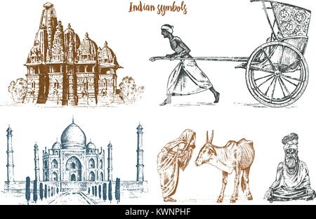 Indian monk meditating and landmark or architecture. Taj Mahal, traditional animal cow. Hindu farmer with rickshaw. mausoleum-mosque. engraved hand drawn in old sketch, vintage style. Stock Vector