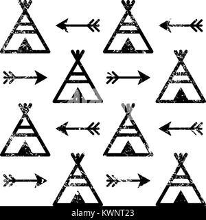 Teepee and arrows seamless vector pattern, Aztec style Indian repetitive design, Native American wallpaper Stock Vector