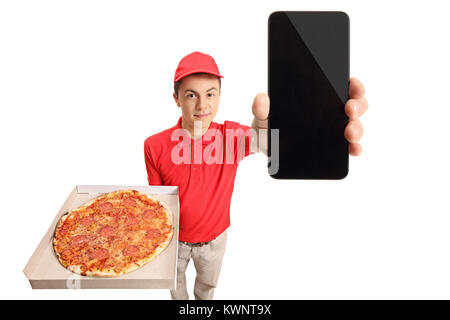Teenage pizza delivery boy showing a phone isolated on white background Stock Photo