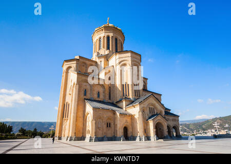 View of the Tsminda Sameba Cathedral also known as the Holy Trinity ...