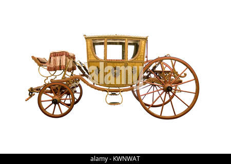 Vintage four-wheel horse drawn carriage isolated on white background Stock Photo