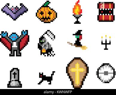 Set of Halloween object in pixel style for game, vector design Stock Vector