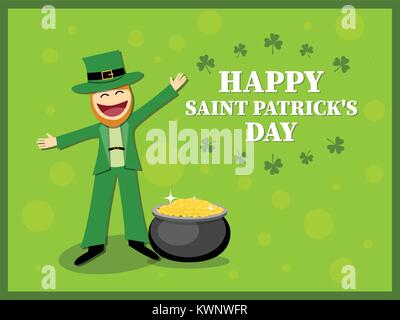 St. Patrick's Day card with leprechaun and money pot Stock Vector