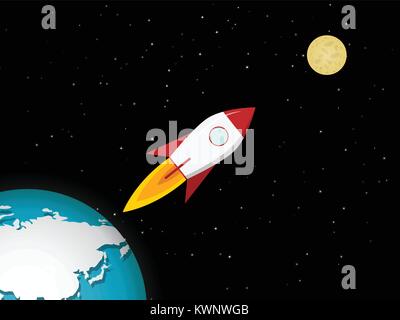 Rocket go to the moon from earth, vector design Stock Vector