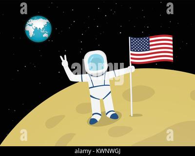 Happy Astronaut on moon surface with US flag, vector design Stock Vector