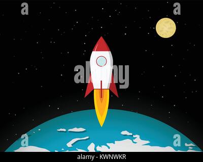 Rocket go to the moon from earth, vector design Stock Vector