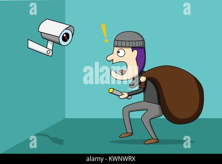 Thief shocked while CCTV detected a robber, vector Stock Vector