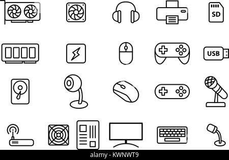 Set of Computers and Accessories in linear style, vector Stock Vector