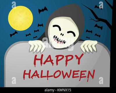 Friendly ghost and tombstone with red blood text , vector Stock Vector