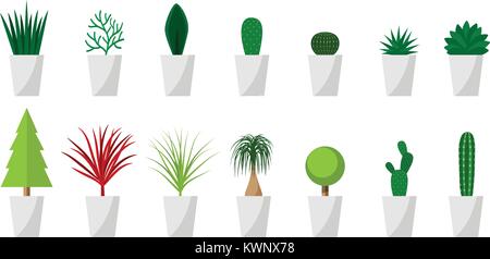 Set of Green plant in white pot for interior, vector design Stock Vector
