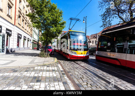 Karmelitska street, Mala Strana Prague trams Stock Photo