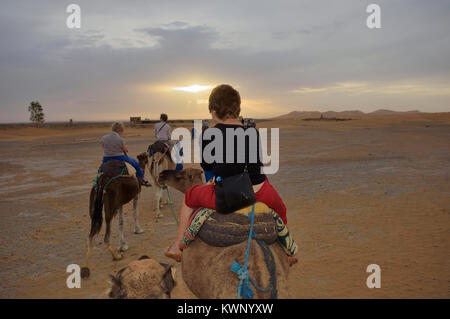camel excursion to the sand dunes at Merzouga, Morocco, North Africa Stock Photo