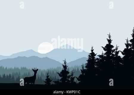 Realistic vector illustration of mountain landscape with forest and deer Stock Vector