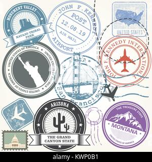 United states travel stamps set - USA journey landmarks Stock Vector