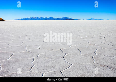 Salt lake Salar de Uyuni is located near Uyuni, Bolivia. It is the worlds largest salt flat. Stock Photo