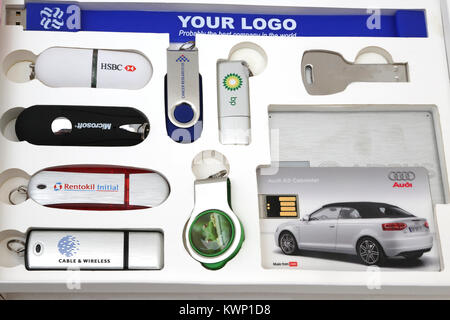 A Box Of Promotional USB Memory Sticks and Memory Cards Stock Photo