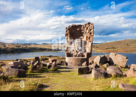 Sillustani is a pre-Incan burial ground on the shores of Lake Umayo near Puno in Peru Stock Photo