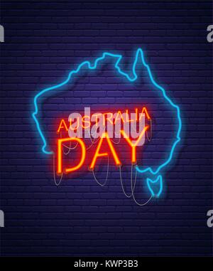 Australia Day. Neon sign on brick wall. Map of Australia. Australian National Holiday Stock Vector