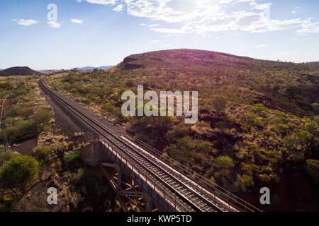 Birds eye view of the largest privately owned single span railway bridge in the southern hemisphere, Pilbara, Western Australia Stock Photo
