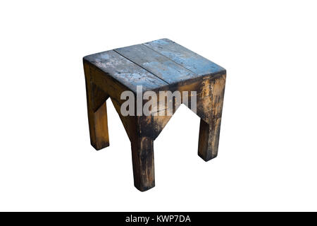 Old wooden short stool isolated on white background with clipping path. Stock Photo