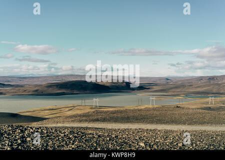 beautiful scenic landscape with electricity pylons in Iceland  Stock Photo