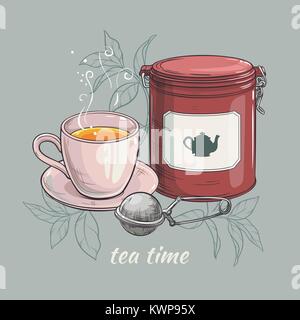 vector illustration with cup of tea with round tin packaging and tea-strainer Stock Vector