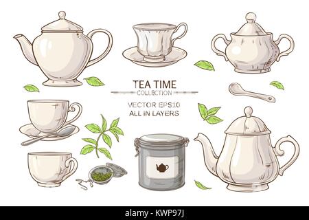 Vector set  with cups,  teapot,  sugar bowl, tin packaging and tea strainer on white background Stock Vector