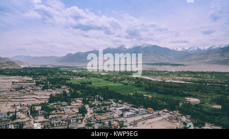 aerial view of Leh cityscape and beautiful mountains in Indian Himalayas Stock Photo
