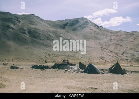 herd of sheep grazing on pasture in rocky mountains and tents, Indian Himalayas, Ladakh Stock Photo
