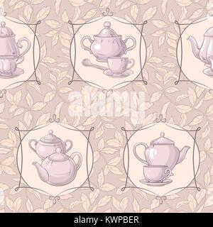 Seamless pattern with cup of tea with teapot, sugar bowl and tea leaves Stock Vector