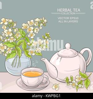 Illustration with cup of tea with teapot and jasmine flowers Stock Vector