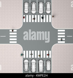 Crossroads with a pedestrian crossing. Top view. 3d rendering Stock Photo