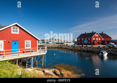 Henningsvaer, Norway - August 19,2017: Picturesque fishing port in Henningsvaer on Lofoten islands, Norway with typical red wooden buildings and small Stock Photo