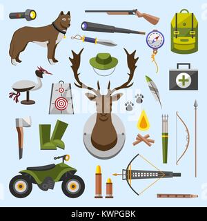 camping trip equipment collection. accessories and base camp. hike outdoor adventure elements. tourism, engraved hand drawn in old sketch, vintage style. backpack and lantern, tent and deer and gun. Stock Vector