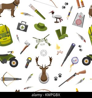 camping trip seamless pattern. accessories and base camp. hike outdoor adventure elements. tourism, engraved hand drawn in old sketch, vintage style. backpack and lantern, tent and deer and gun. Stock Vector