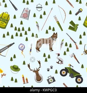 camping trip seamless pattern. accessories and base camp. hike outdoor adventure elements. tourism, engraved hand drawn in old sketch, vintage style. backpack and lantern, tent and deer and gun. Stock Vector