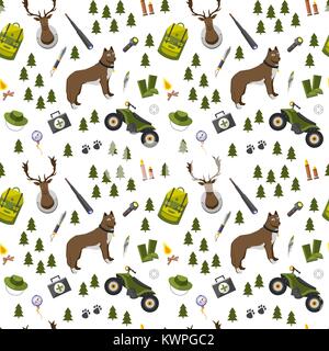 camping trip seamless pattern. accessories and base camp. hike outdoor adventure elements. tourism, engraved hand drawn in old sketch, vintage style. backpack and lantern, tent and deer and gun. Stock Vector
