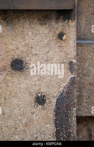 A close-up view of bullet holes and shrapnel damage sustained during the Second World War and the liberation of Prague in May 1945. Many traces of the Stock Photo