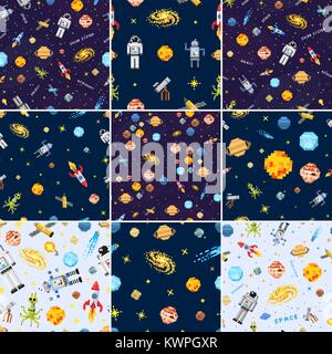 space seamless pattern set background, alien spaceman, robot rocket and satellite cubes solar system planets pixel art, digital vintage game style. Mercury, Venus, Earth, Mars, Jupiter, Saturn. Stock Vector
