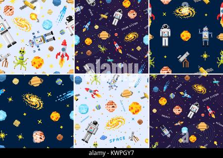 space seamless pattern set background, alien spaceman, robot rocket and satellite cubes solar system planets pixel art, digital vintage game style. Mercury, Venus, Earth, Mars, Jupiter, Saturn. Stock Vector