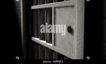 A closeup of the locking mechanism of a closed jail cell with welded iron bars on a dimly lit dark background - 3D render Stock Photo