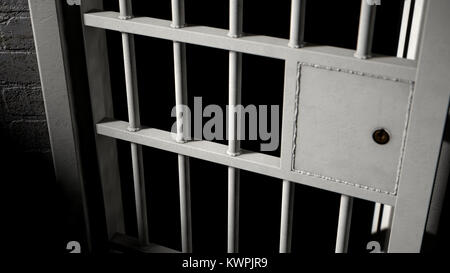 A closeup of the locking mechanism of a closed jail cell with welded iron bars on a dimly lit dark background - 3D render Stock Photo