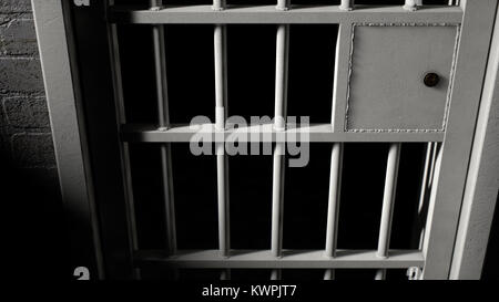 A closeup of the locking mechanism of a closed jail cell with welded iron bars on a dimly lit dark background - 3D render Stock Photo