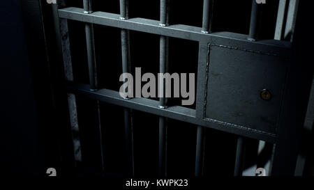 A closeup of the locking mechanism of an open jail cell with welded iron bars on a dimly lit dark background - 3D render Stock Photo