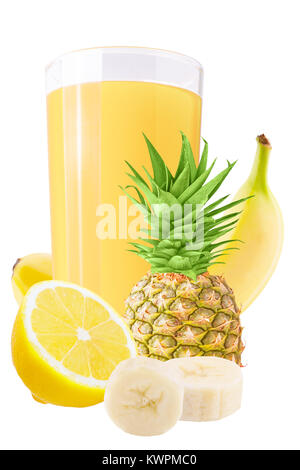 Isolated citrus juice. One glass with pineapple, banana and lemon juice and cut fruits isolated on white background. Stock Photo